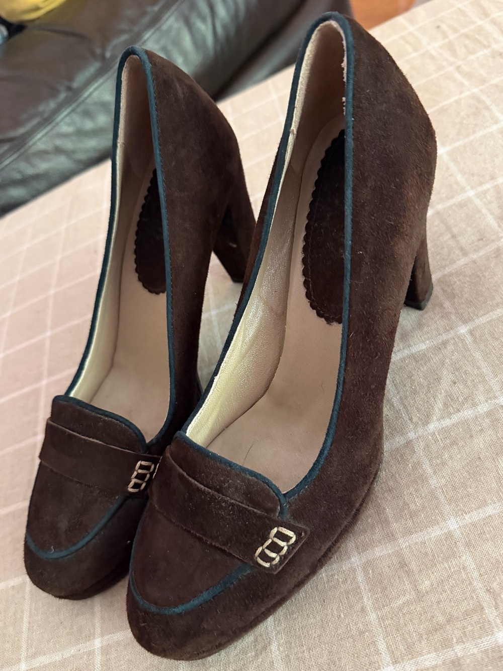 Boden Dark Brown Suede Block Heel Loafer Pumps with Blue Accent